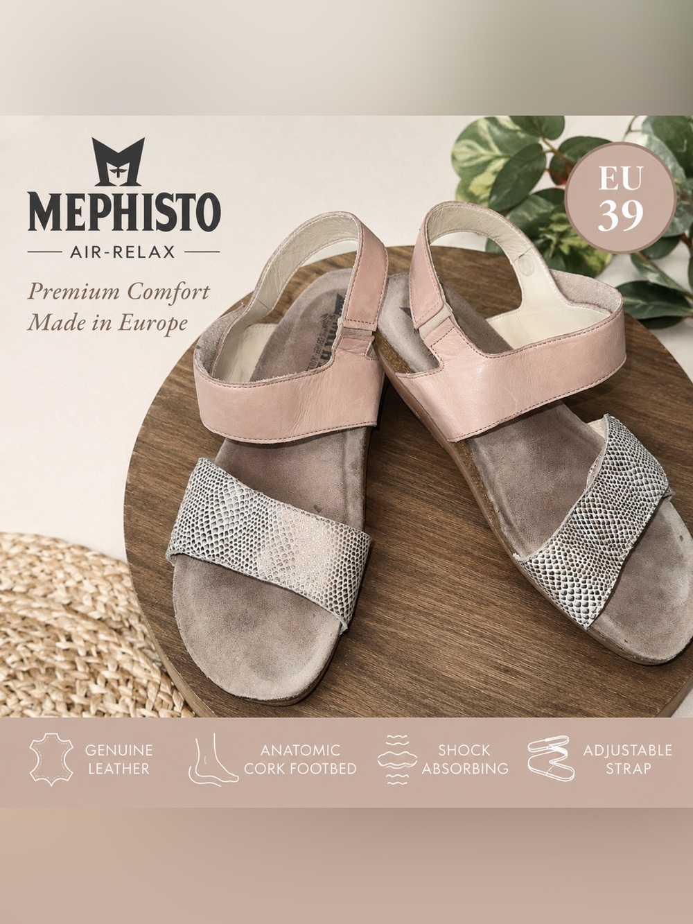 Mephisto Air-Relax Leather‎ Sandals Pink Snake Print EU 39 (US 8.5-9) Comfort